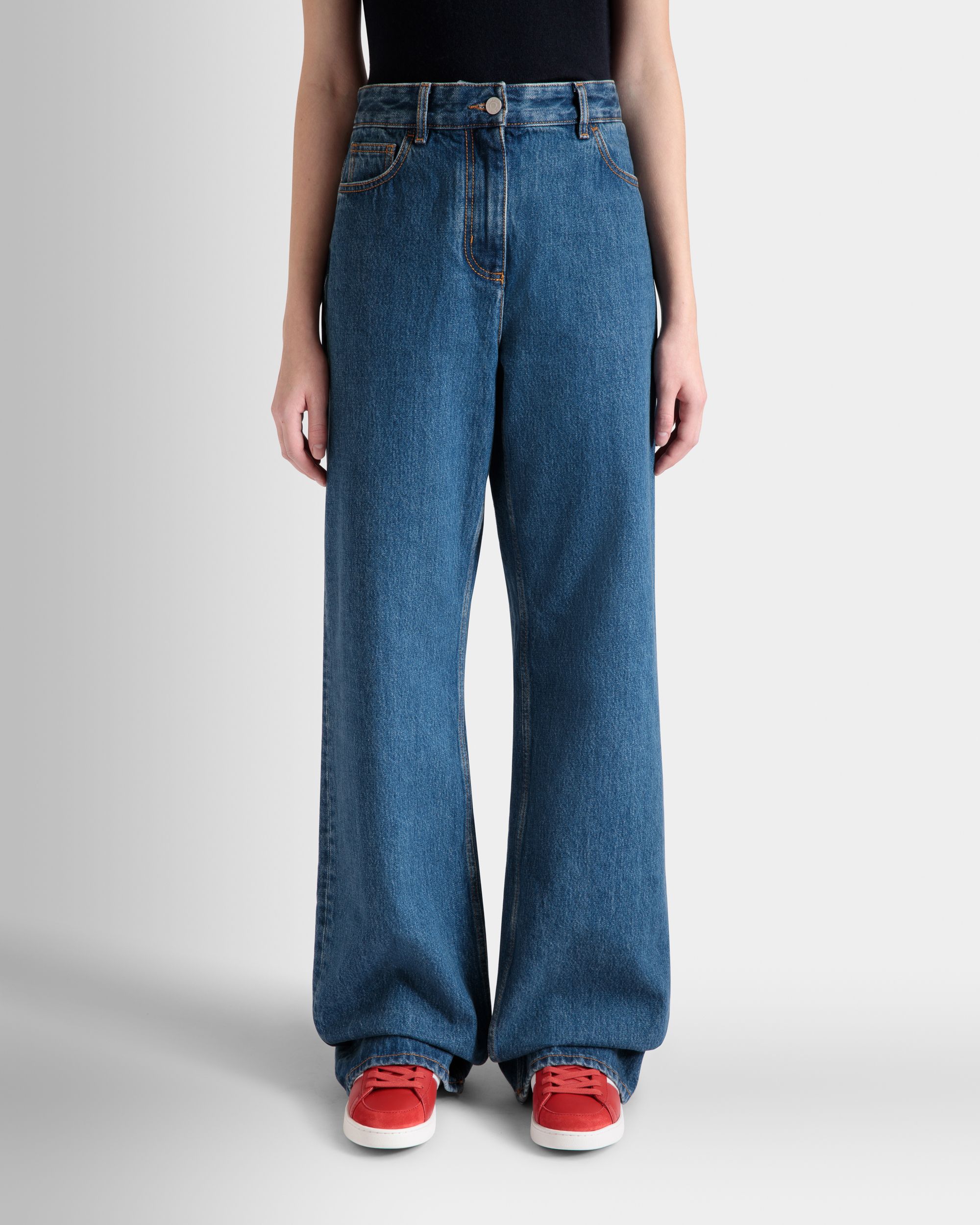 Wide-Leg Denim Pants In Medium Blue Cotton - Women's - Bally - 08